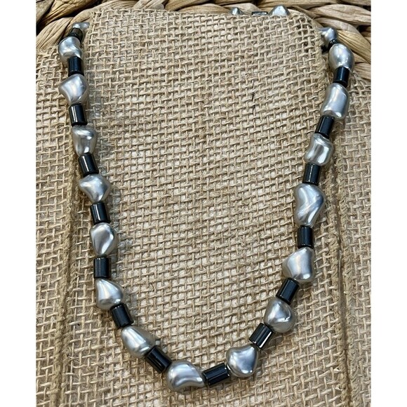 Vintage Sterling Silver 925 Necklace Hematite & Faux Gray Pearl Whimsigoth